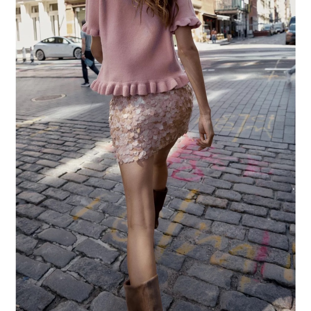 Zara NWT pale light pink sequined embellished mini skirt - Picture 6 of 10